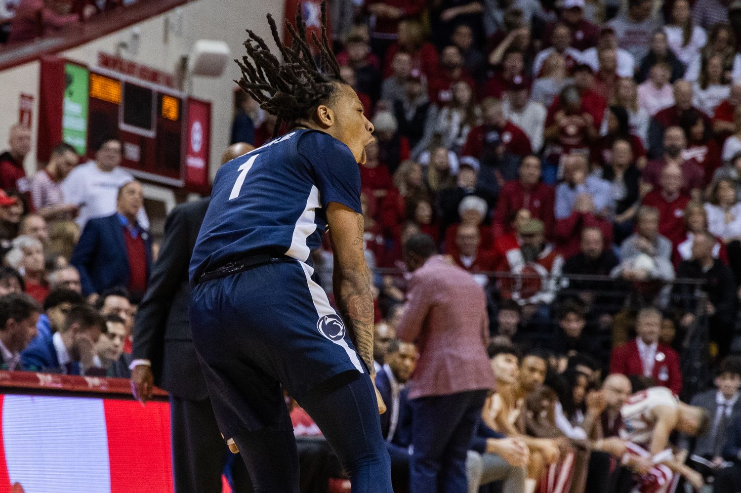 Penn State Nittany Lions guard Ace Baldwin Jr. (1) celebrates a made basket in the second half against the Indiana Hoosiers at Simon Skjodt Assembly Hall.